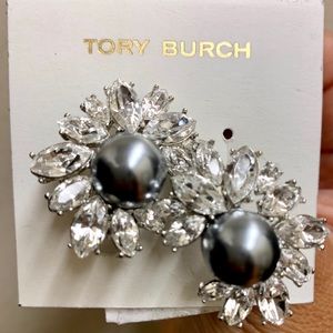 Tory Burch Pearl Silver Crystal SE Floral Earrings